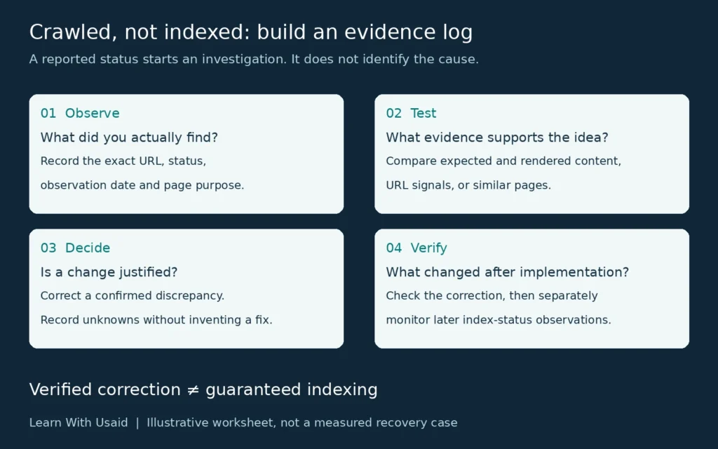 Post-crawl investigation worksheet with four steps: record observations, test evidence, choose a supported action, and verify the change separately from indexing.